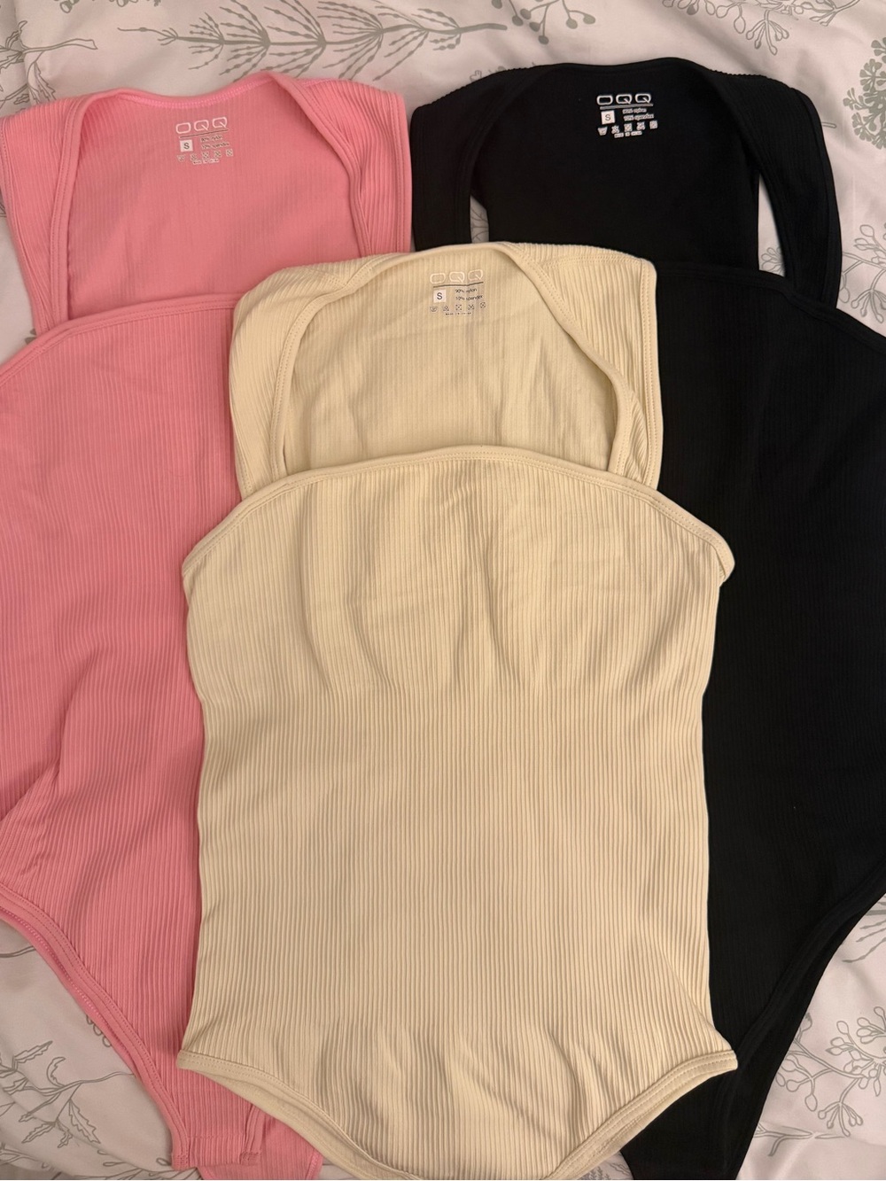 Set of 3 QQQ Women's Ribbed Square Neck Sleeveless Tank Bodysuit, Size S